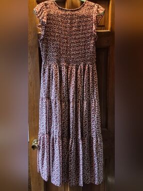 Smocked Floral Maxi Skirt Dress in Burgundy